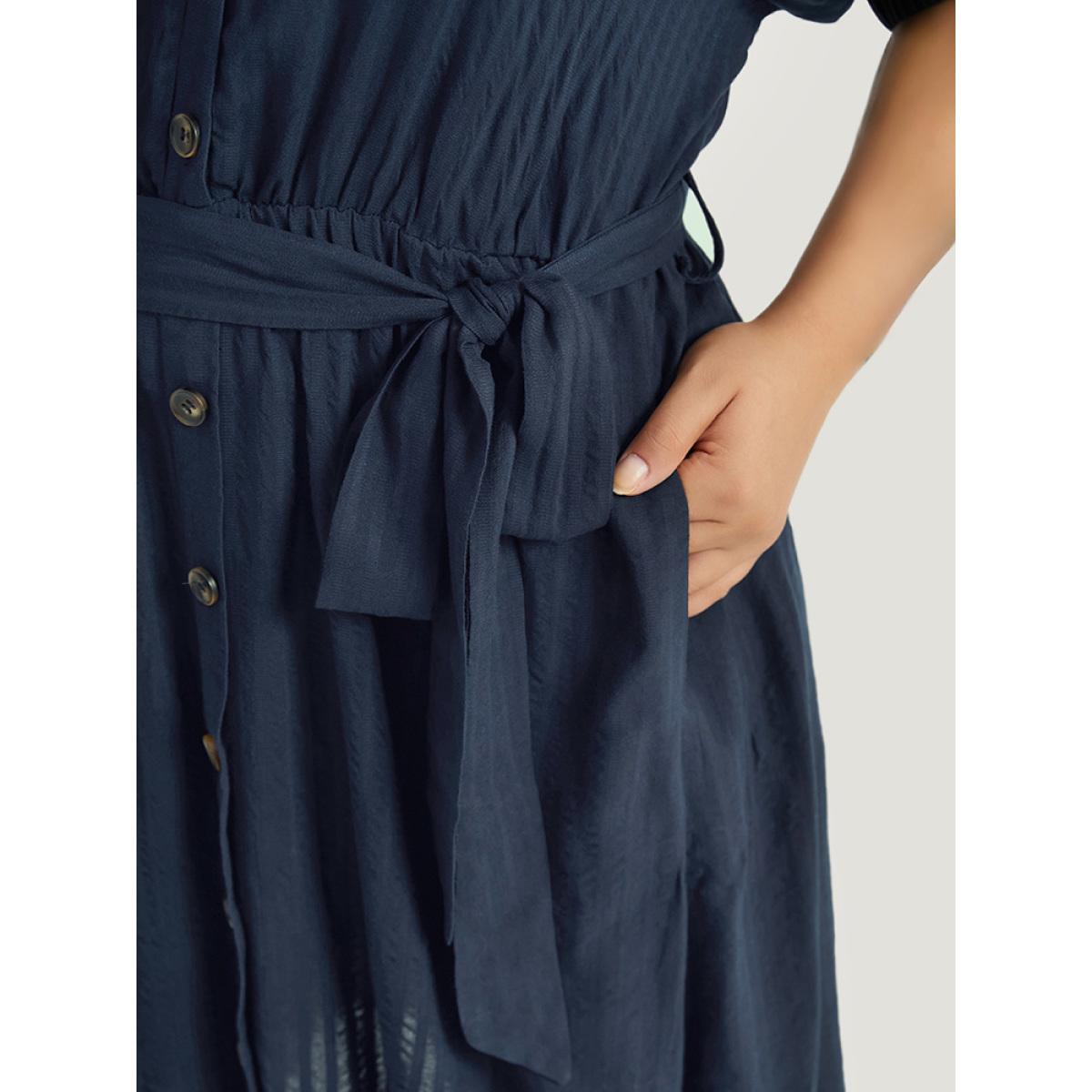 Plus Size Solid Button Through Notched Belted Dress Navy Women Office Elastic cuffs Notched collar Short sleeve Curvy Midi Dress BloomChic 30/6X Product Image