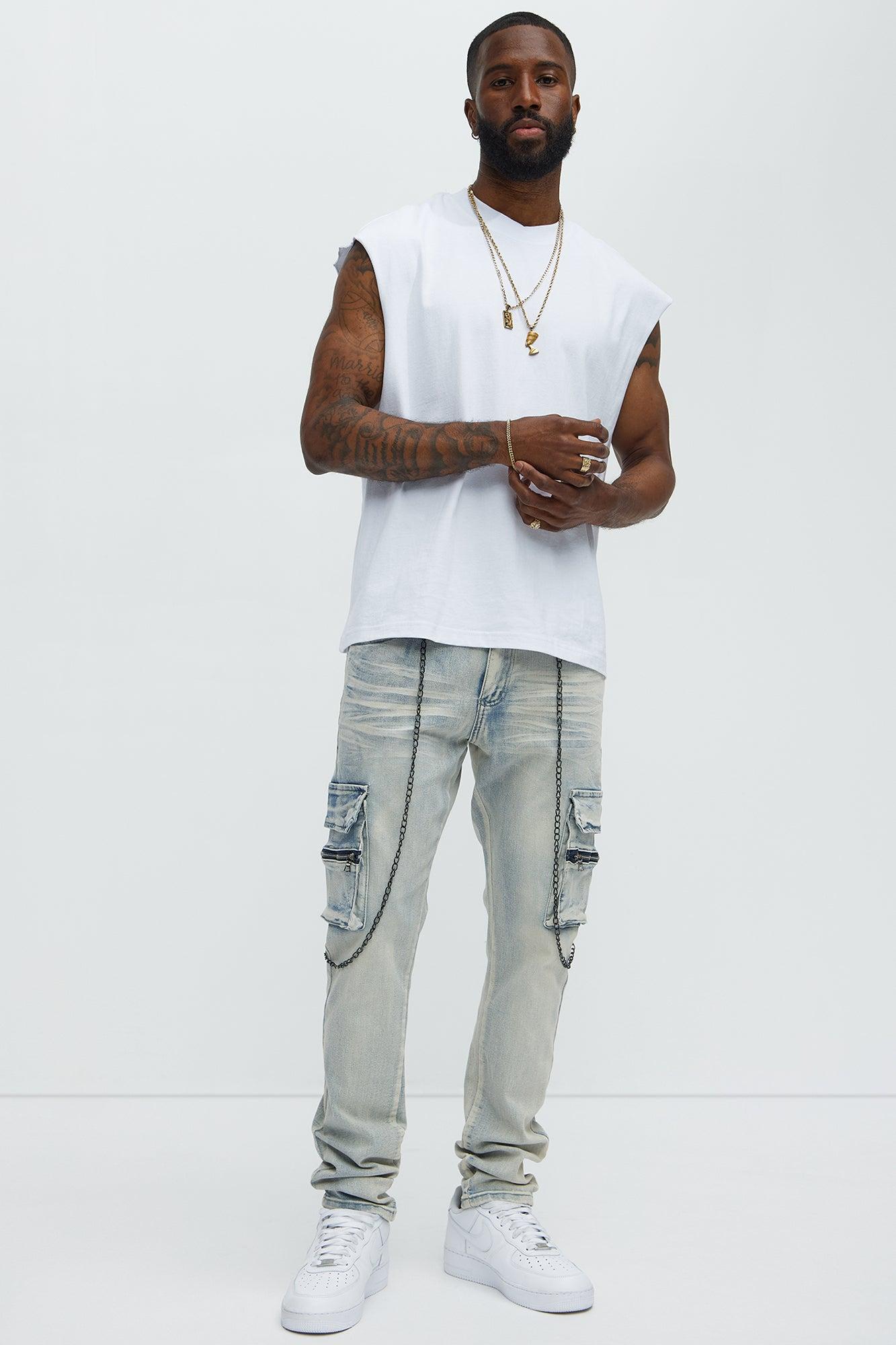 Down To It Cargo With Chain Stacked Skinny Jeans - Light Wash Product Image