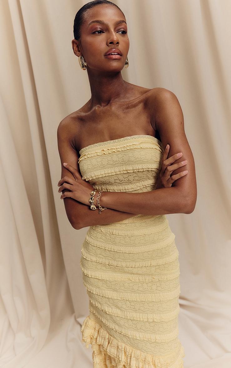 Lemon Textured Lace Frill Tiered Midaxi Dress Product Image