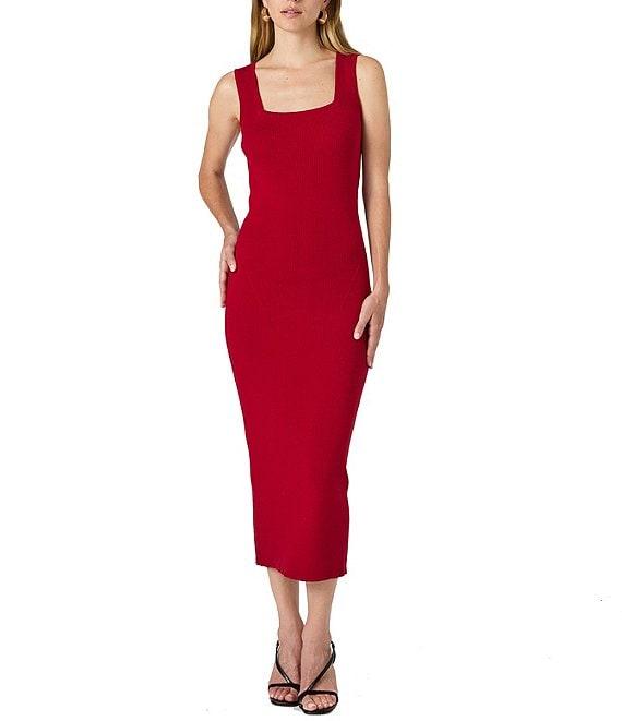 French Connection Mozza Ribbed Knit Square Neck Sleeveless Bodycon Midi Dress Product Image