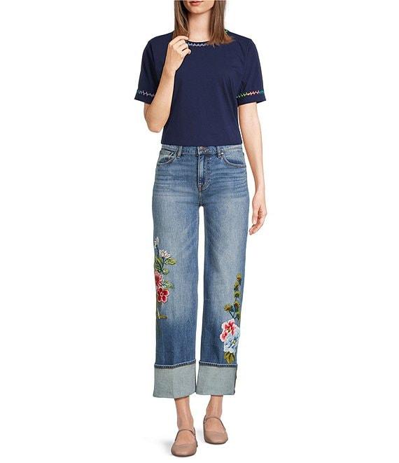 JOHNNY WAS Stretch Denim Floral Embroidered Wide Leg Cuffed Ankle Jeans Product Image