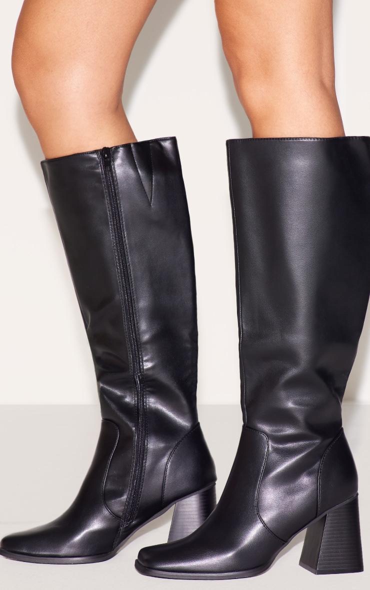 Black PU Square Toe Flare Block Heel Knee High Boots Product Image