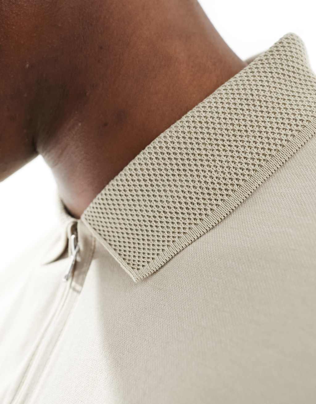 Selected Homme half zip polo shirt in cream Product Image