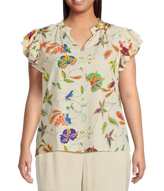 Sugarlips Plus Floral/Paisley Printed Flutter-Sleeve Woven Top Product Image