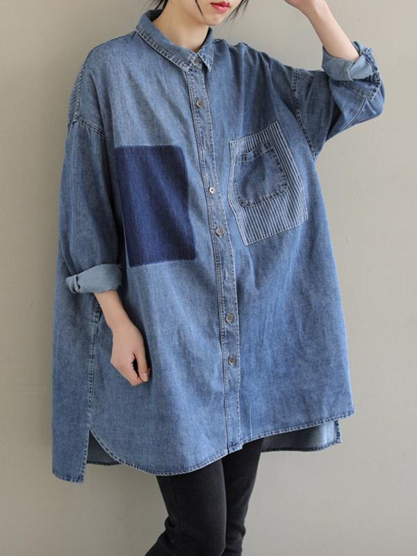 High-Low Long Sleeves Asymmetric Buttoned Pockets Split-Joint Lapel Blouses&Shirts Tops Product Image