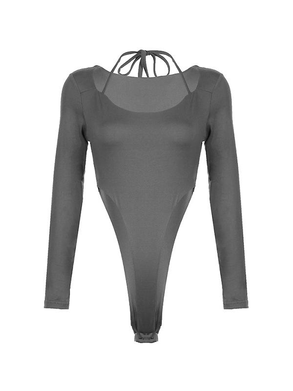 Solid Cutout Halter Long Sleeve Bodysuits Product Image
