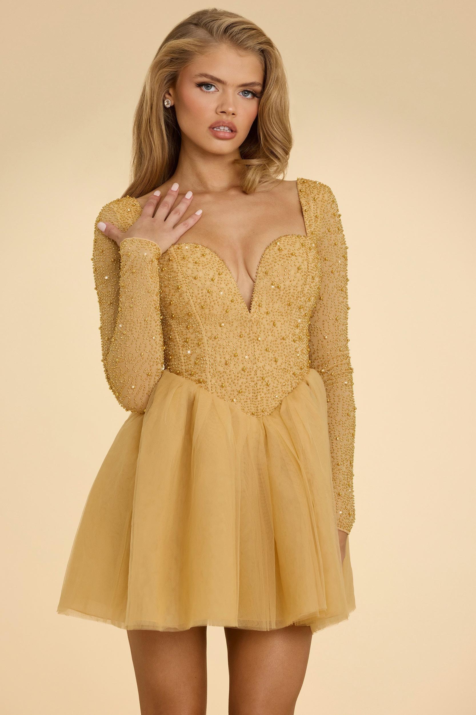 Plunge Neck Tulle Mini Dress in Gold Product Image