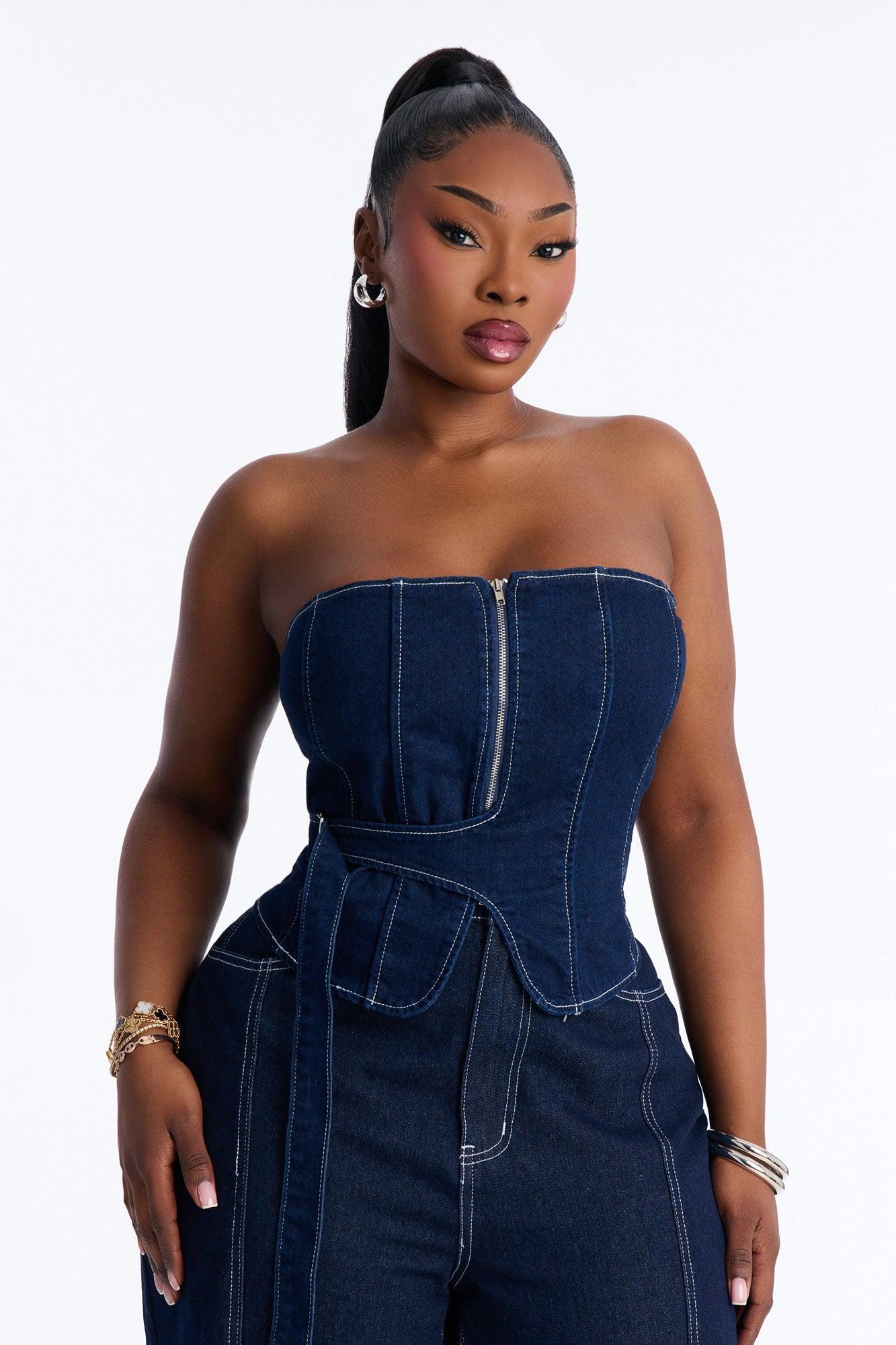 Urban Goddess Front Zip Belted Denim Top - Dark Wash Female Product Image