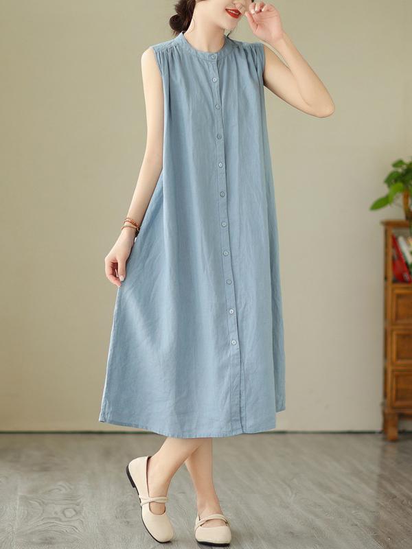 A-Line Sleeveless Buttoned Pleated Solid Color Round-Neck Midi Dresses Product Image
