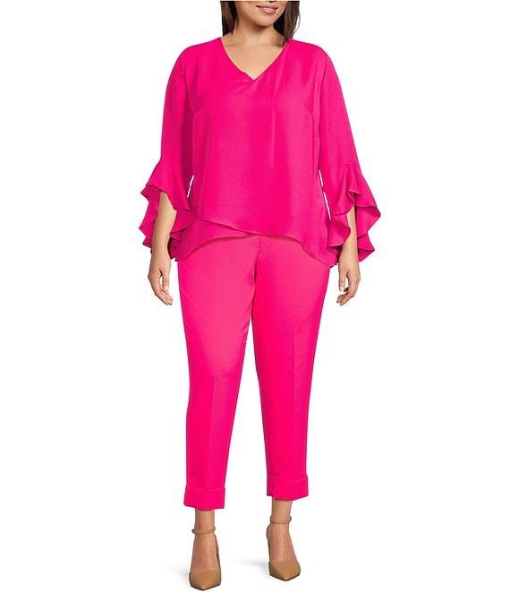 Vince Camuto Plus Size Luxe Crepe De Chine 3/4 Ruffle Sleeve V-Neck Crisscross Hem Tunic Product Image