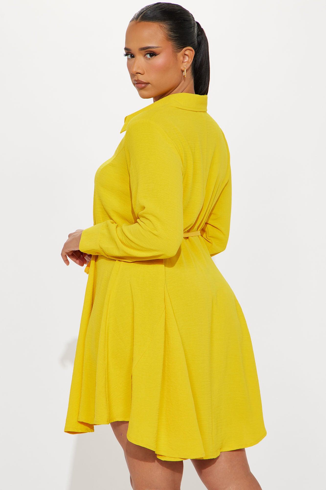 Gloria Tie Waist Mini Shirt Dress - Mustard Product Image