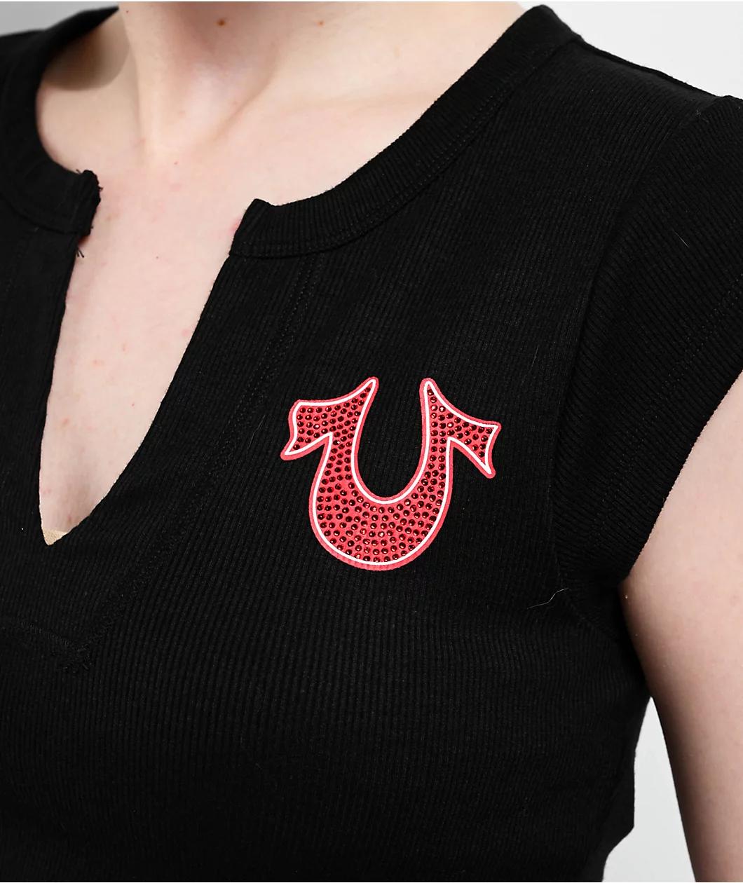 True Religion Crystal Logo Black Notch Rib Crop T-Shirt Product Image