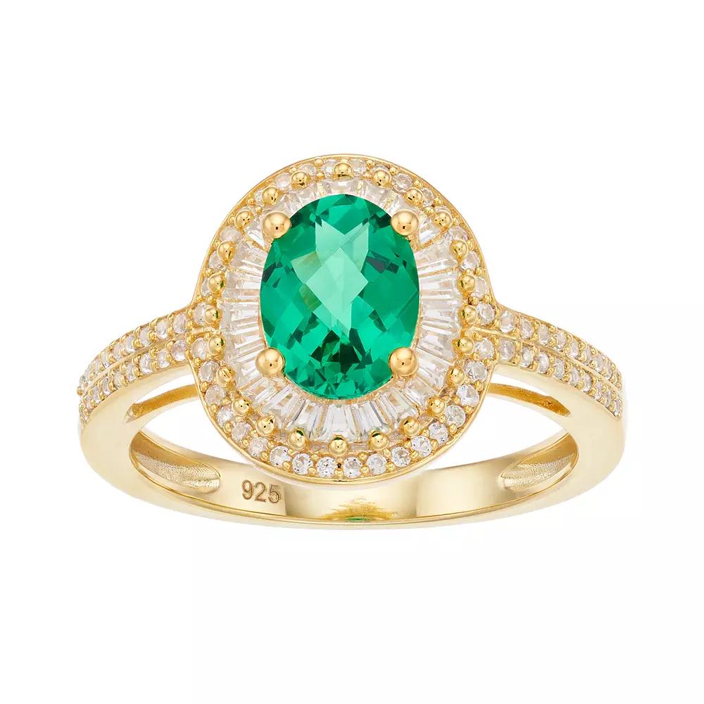 14K Gold Over Silver Lab Created Emerald Lab Created White Sapphire Ring, Women's, Size: 7, Gold Tone Product Image