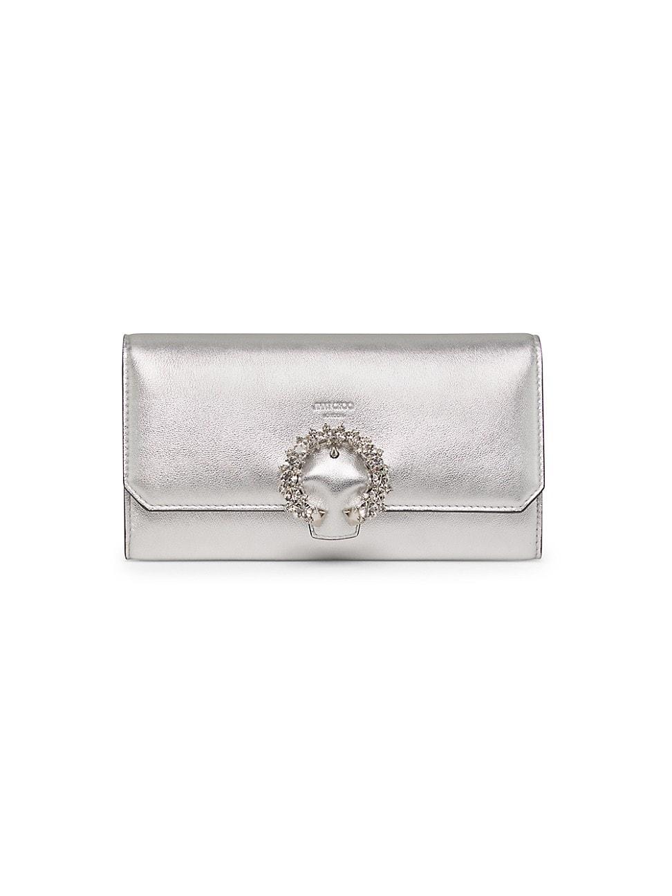 Womens Crystal-Embellished Metallic Leather Wallet With Chain Product Image