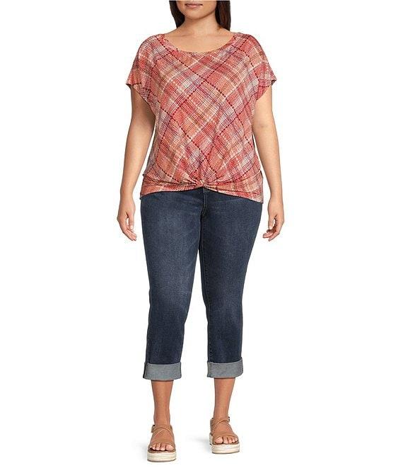 Liverpool Los Angeles Plus Size Multi Plaid Crew Neck Short Sleeve Front Twist Top Product Image