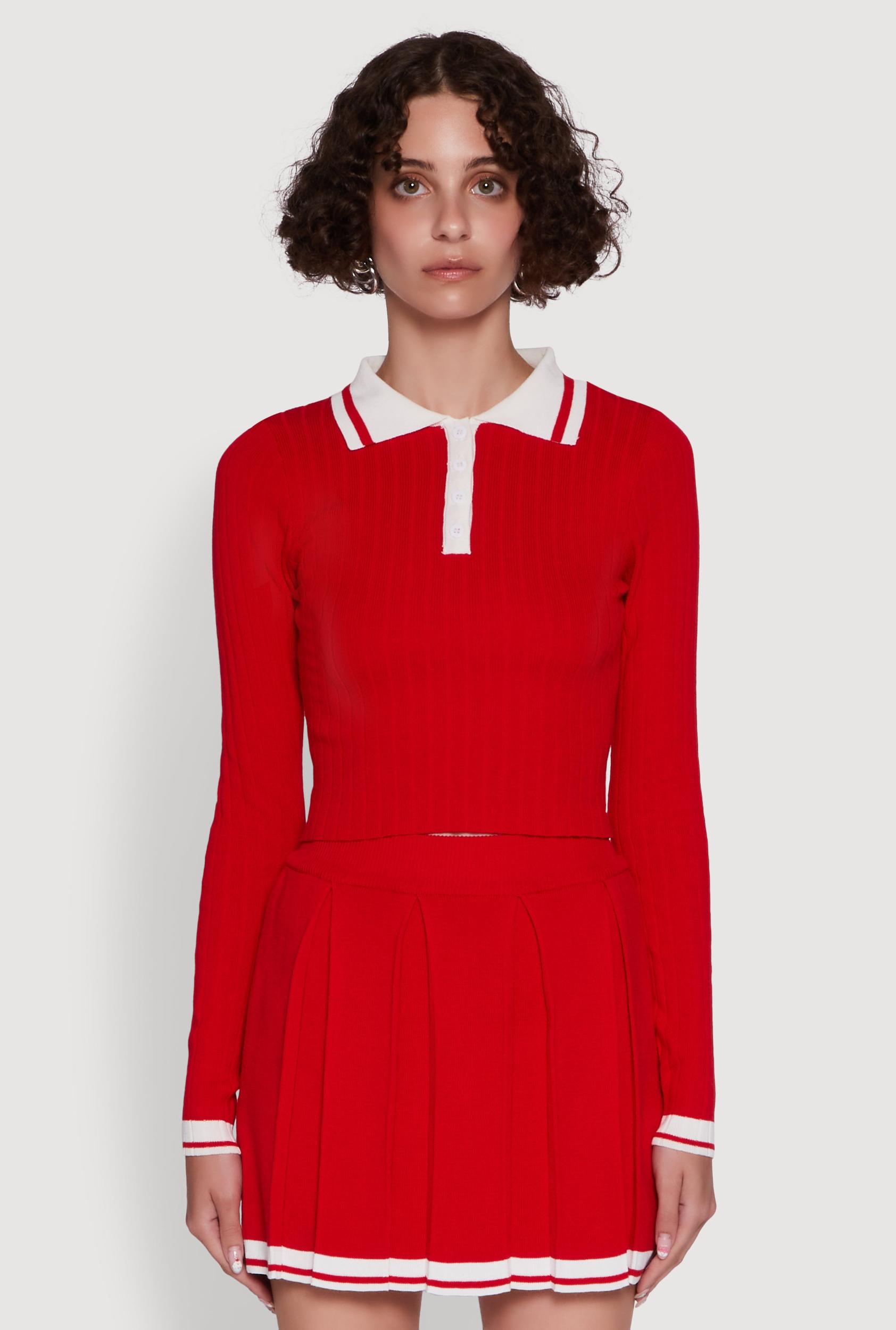 Womens Daisy Ribbed Knit Varsity Stripe Polo Top Product Image