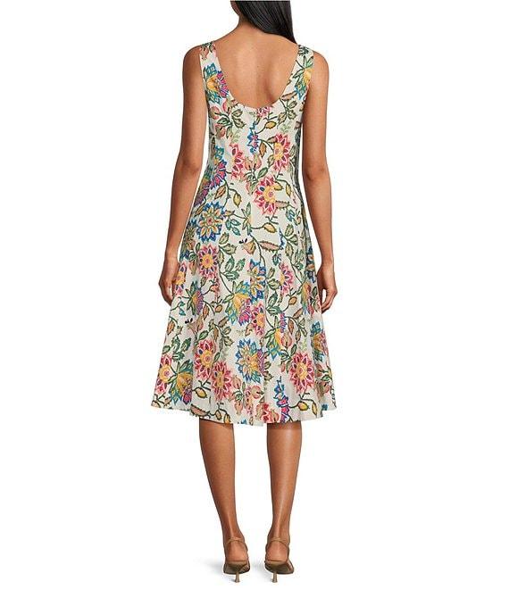 Leslie Fay Square Neck Cotton Poplin Floral Fit and Flare Midi Dress Product Image