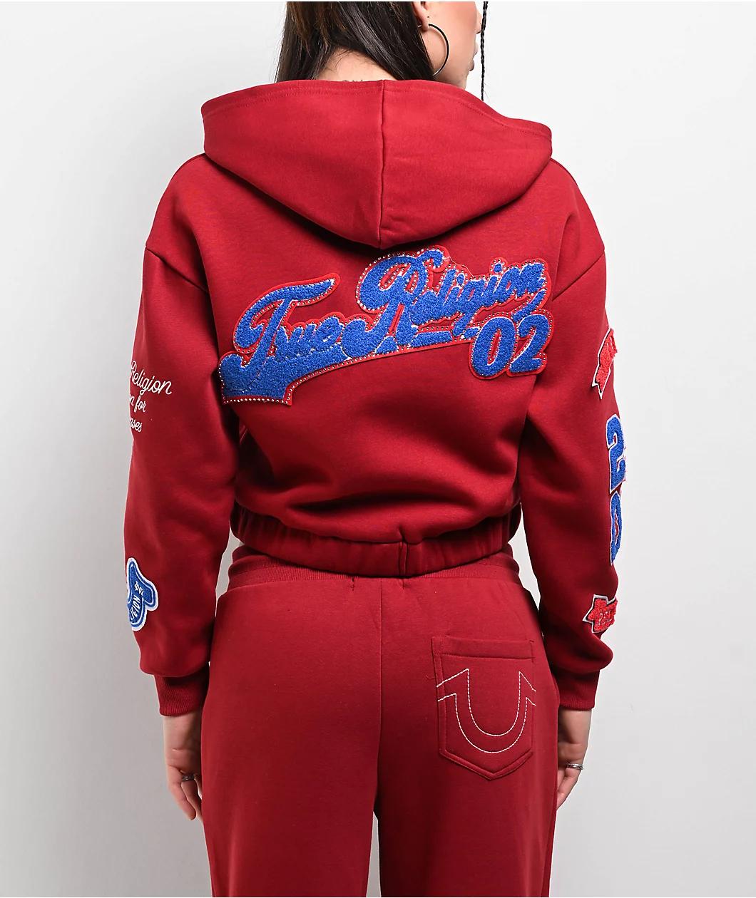 True Religion Crystal Patch Varsity Red Dahlia Crop Zip Hoodie Product Image