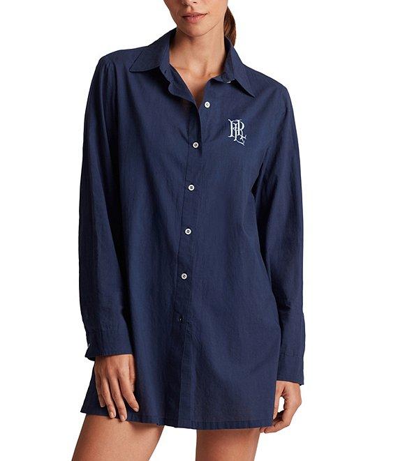 Lauren Ralph Lauren Beachwear Organic Cotton Voile Logo Embroidered Button Front Shirt Swim Cover-Up Product Image