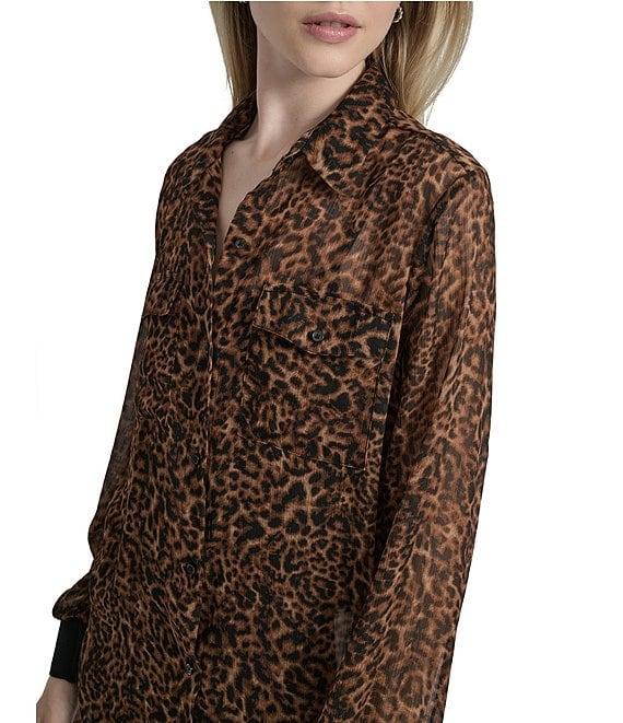 DKNY by Donna Karan Cheetah Print Crinkle Chiffon Long Sleeve Collared Button Front Blouse Product Image