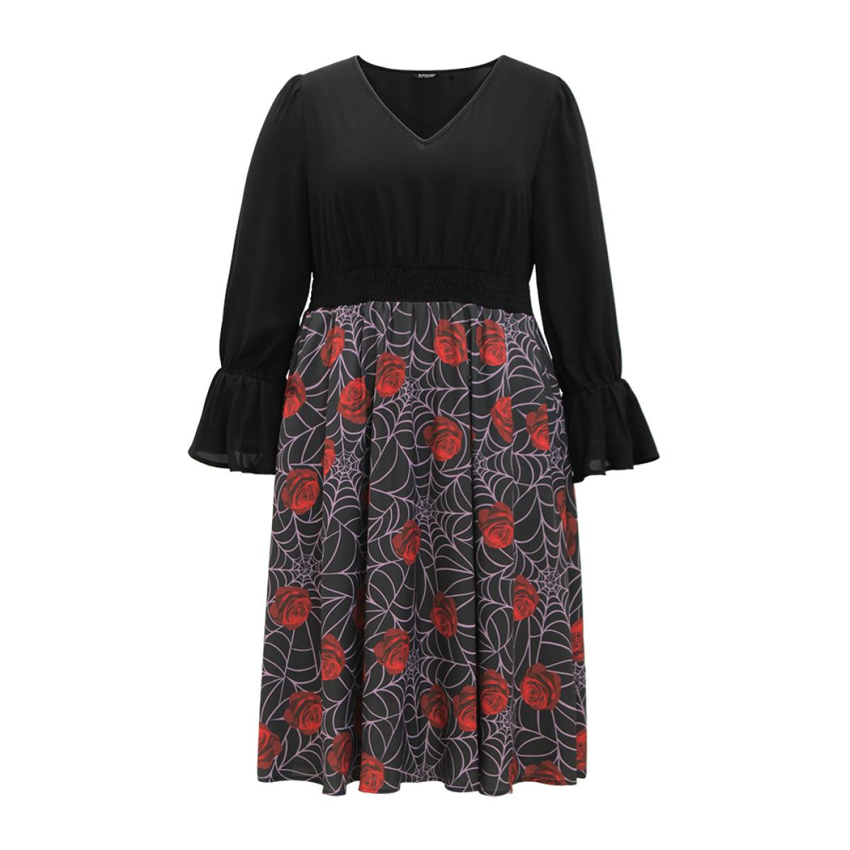 Plus Size Halloween Rose Ruffles Shirred Elastic Waist Dress Black Women Casual Printed V-neck Long Sleeve Curvy Midi Dress BloomChic 28/5X Product Image