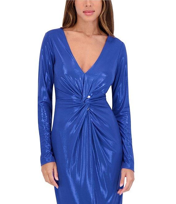 SIENA Foiled Knit V-Neck Long Sleeve Front Twist Sheath Dress Product Image
