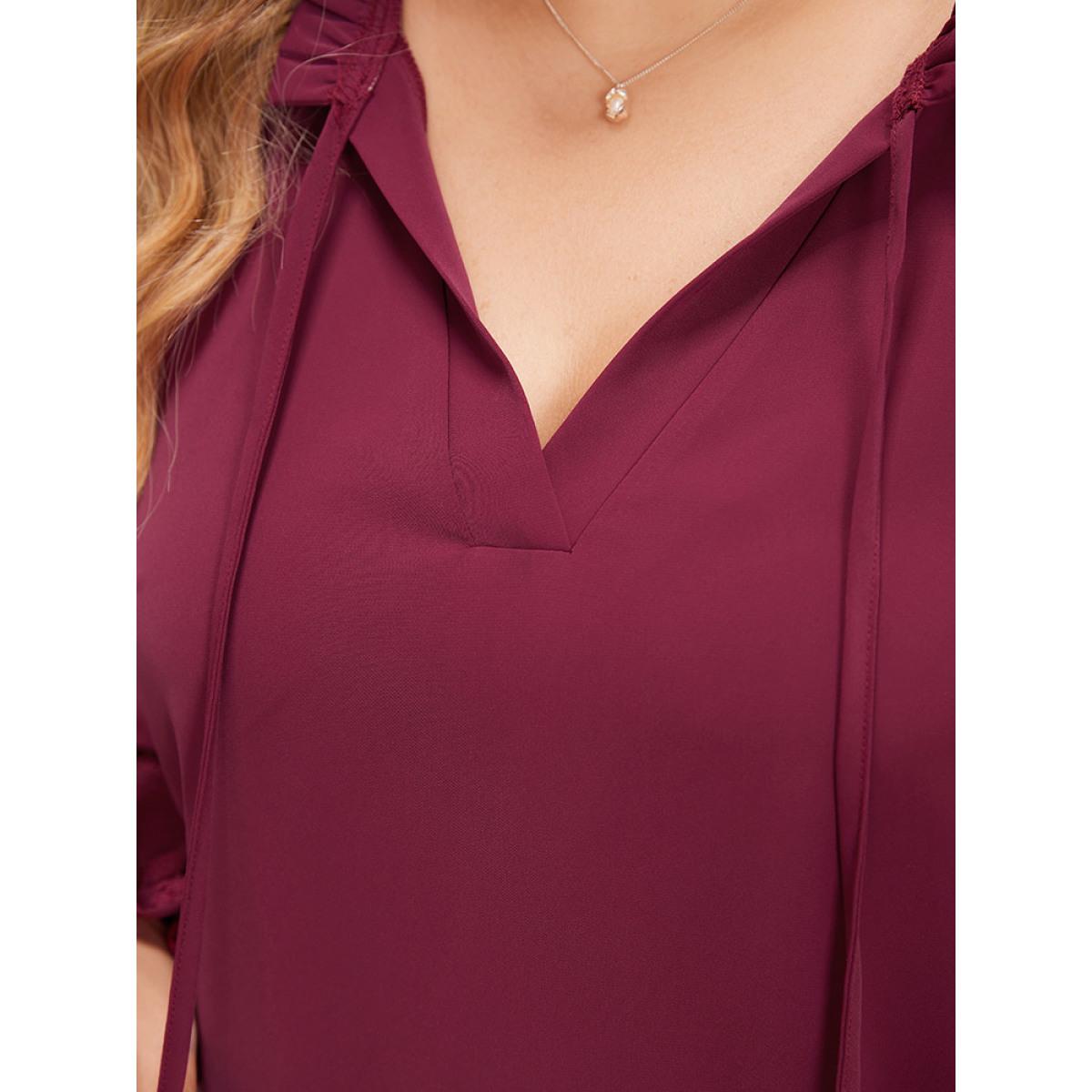 Plus Size Purple Anti-Wrinkle Plain Knot Neck Frill Trim Lantern Sleeve Blouse Women Casual Long Sleeve Tie Neck Everyday Blouses BloomChic 28/5X Product Image