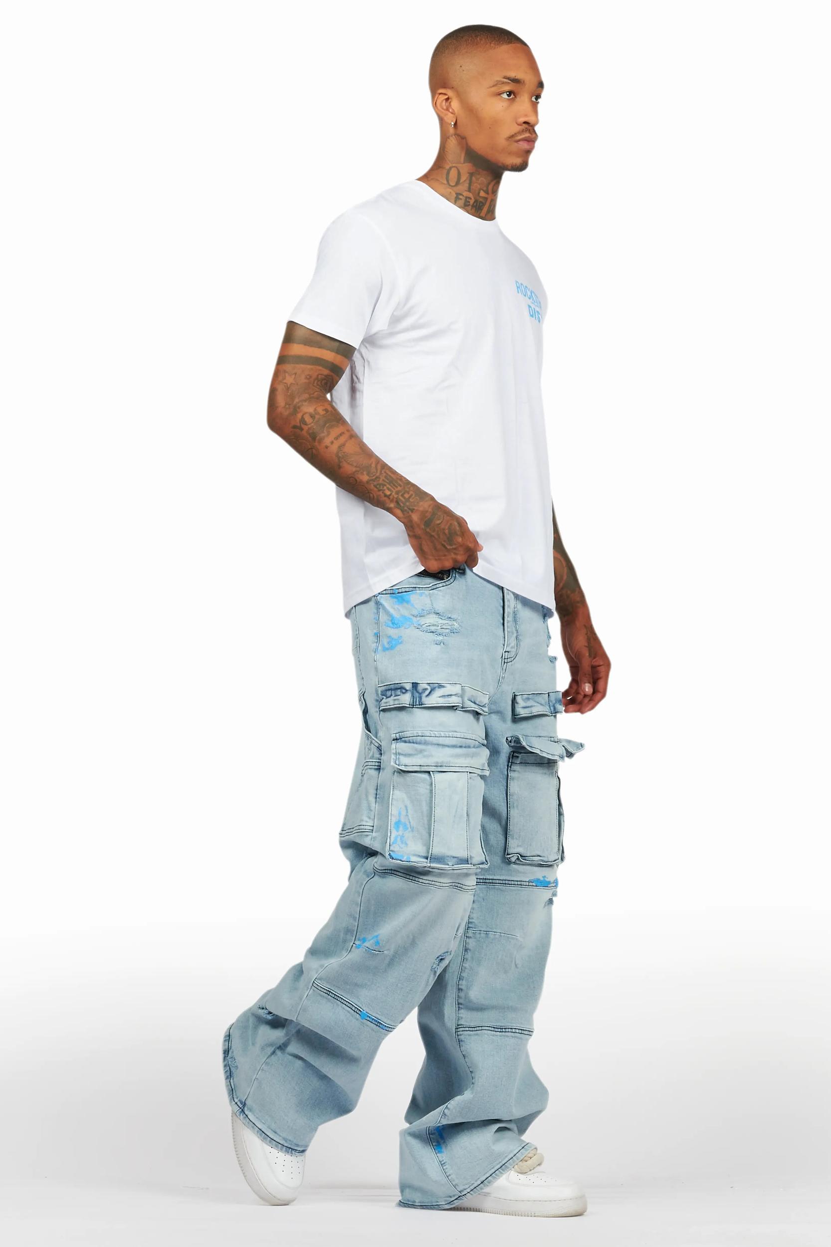 Lake White/Blue T-Shirt/Baggy Fit Cargo Jean Set Male Product Image