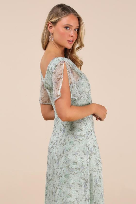 Dreamiest Desires Sage Green Floral Flutter Sleeve Maxi Dress Product Image