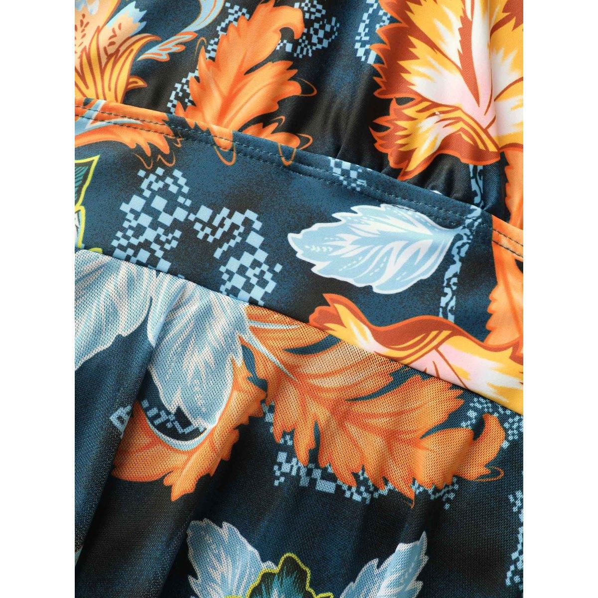 Plus Size Overlap Collar Contrast Floral Mesh Swim Dress Women's Swimwear Cyan Beach Bodycon Overlap Collar High stretch Curve Swim Dresses BloomChic 18-20/2X Product Image