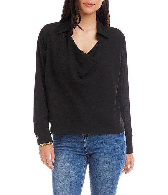 Karen Kane Silky Crepe Collared Cowl Neck Long Sleeve Top Product Image