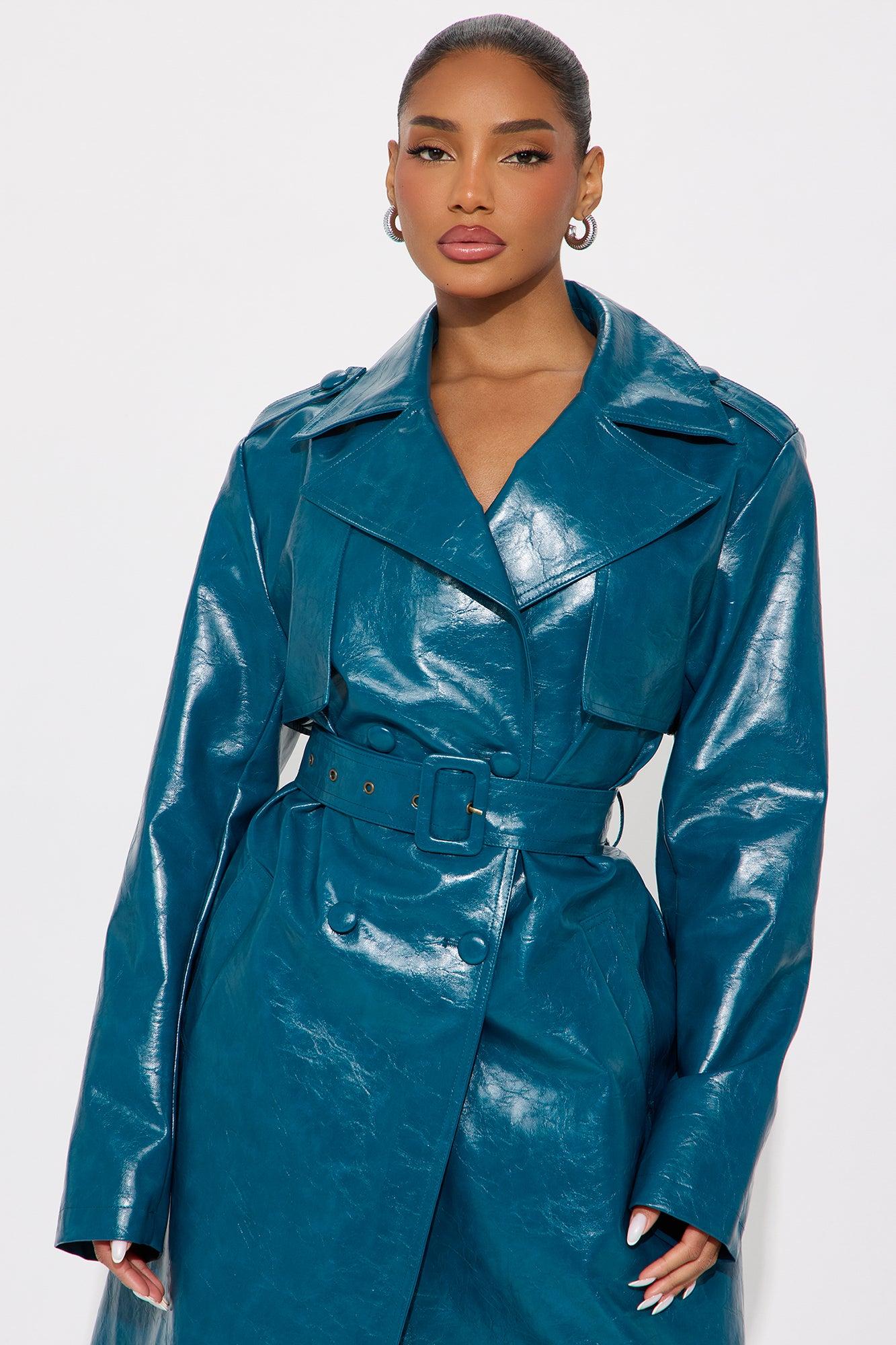 Mya Faux Leather Trench Coat - Blue Female Product Image