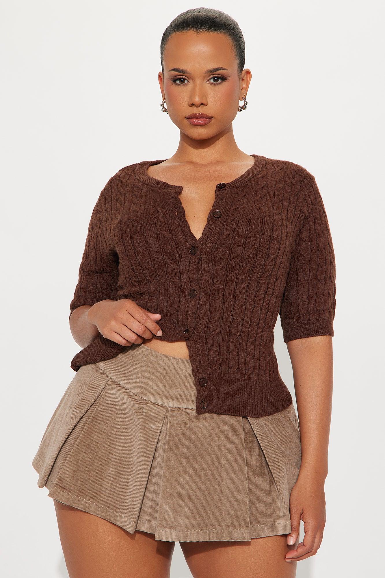 Elowen Short Sleeve Cable Knit Cardigan - Chocolate Female Product Image