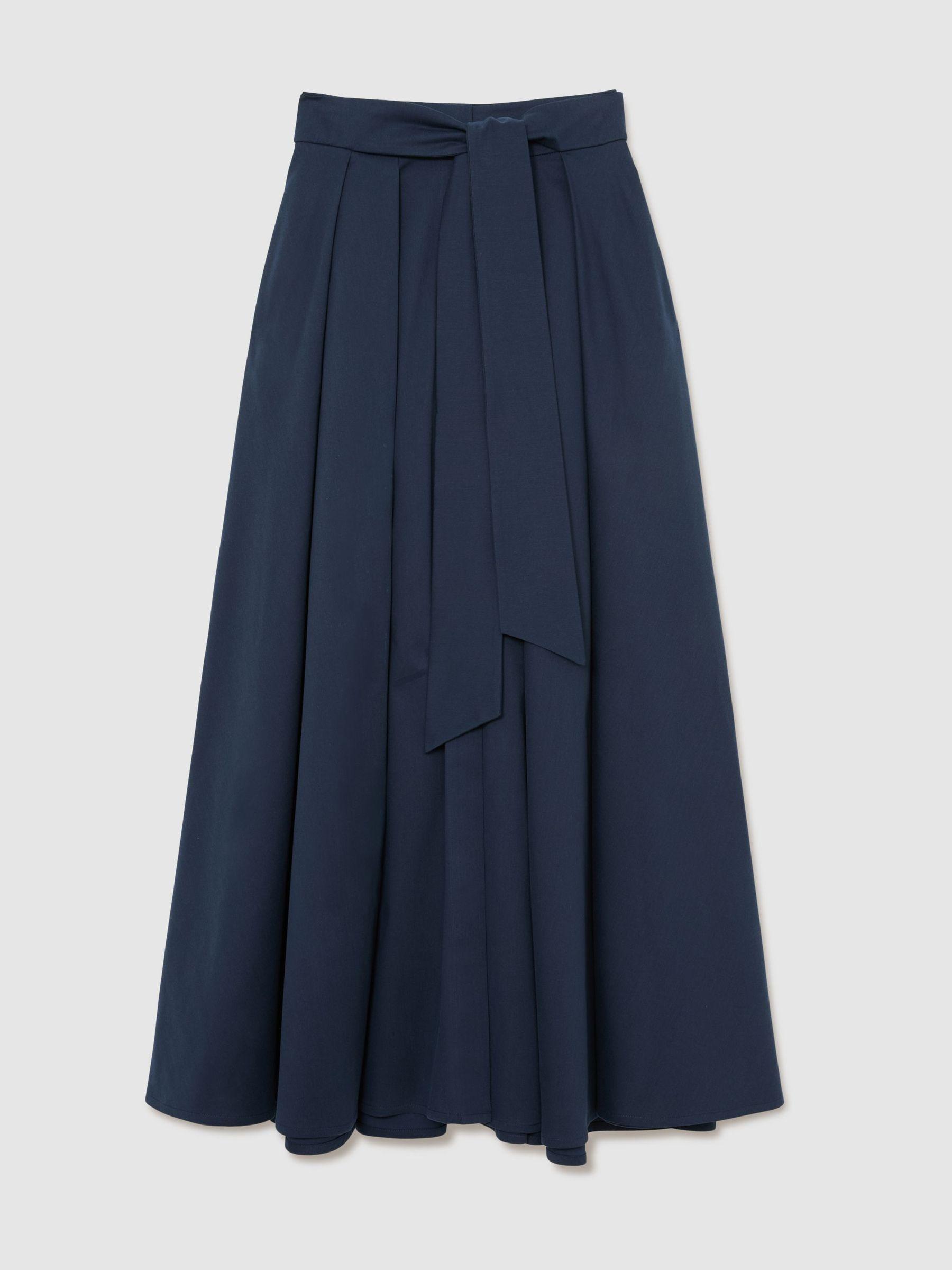 Petite Cotton-Blend Pleated Maxi Skirt in Navy Product Image