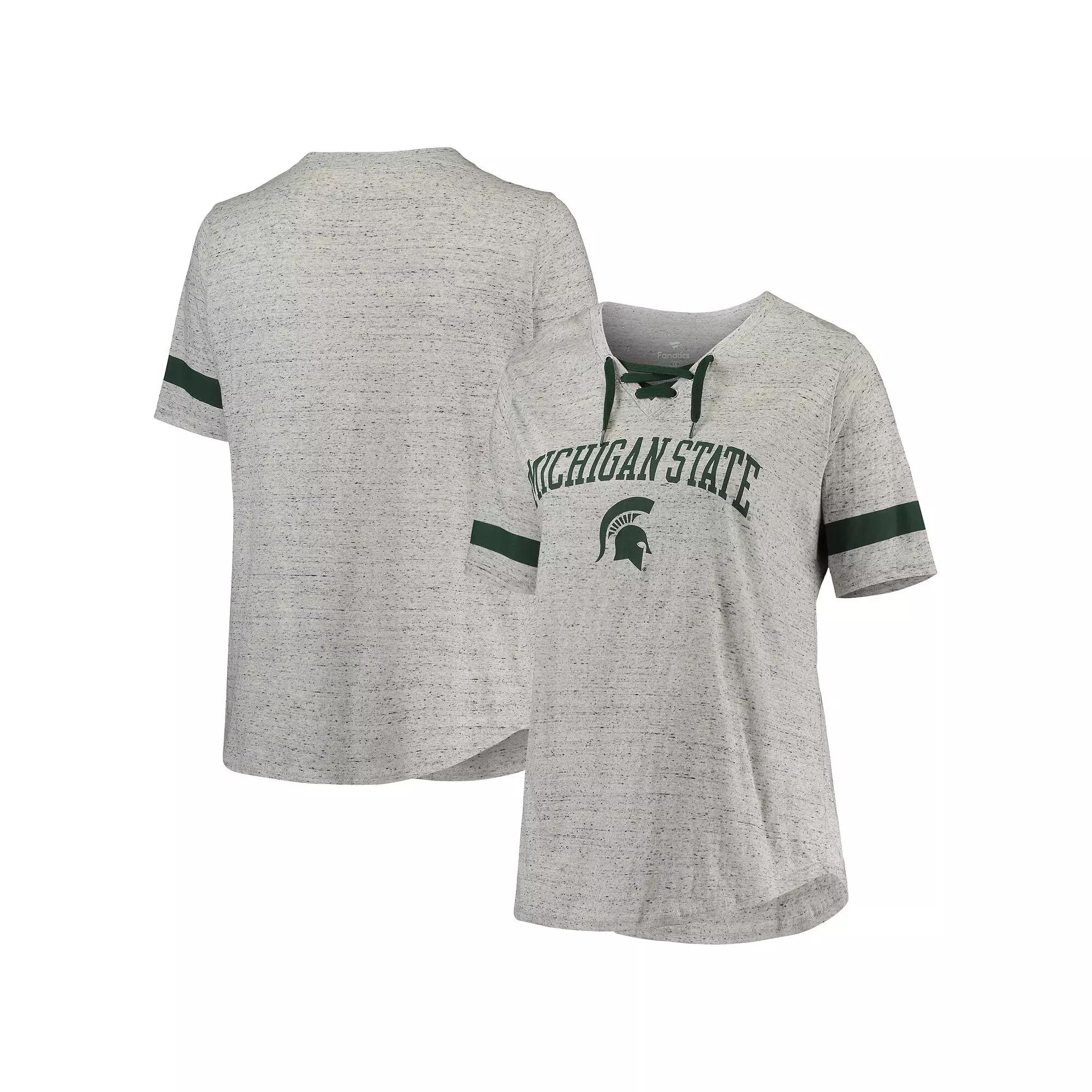 Women's Heathered Gray/Green Michigan State Spartans Plus Size Lace-Up V-Neck T-Shirt, Size: 1XL, Grey Product Image