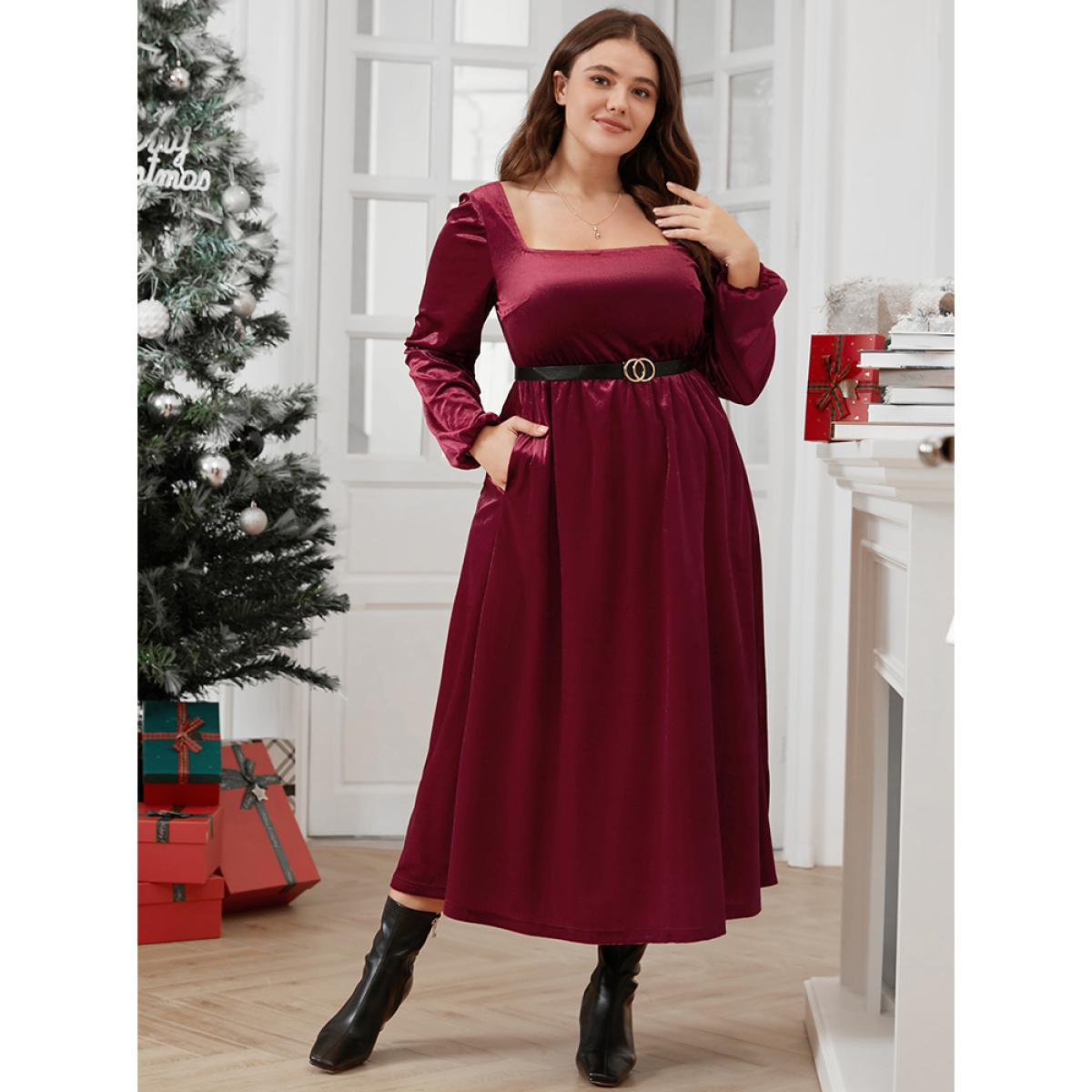 Plus Size Solid Square Neck Pocket Lantern Sleeve Velvet Dress Without Belt Scarlet Women Glamour Elastic Waist Square Neck Long Sleeve Curvy Midi Dress BloomChic 22-24/3X Product Image