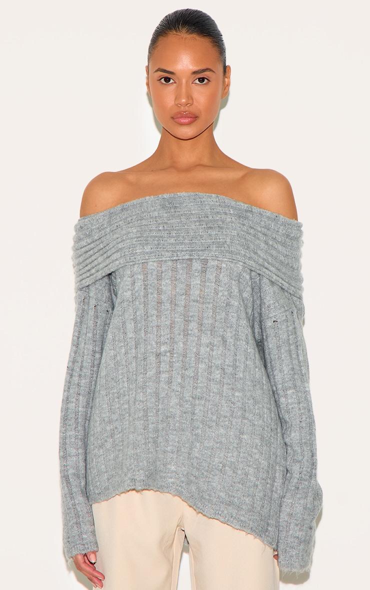 Grey Asymmetric Rib Knit Long Sleeve Top Product Image