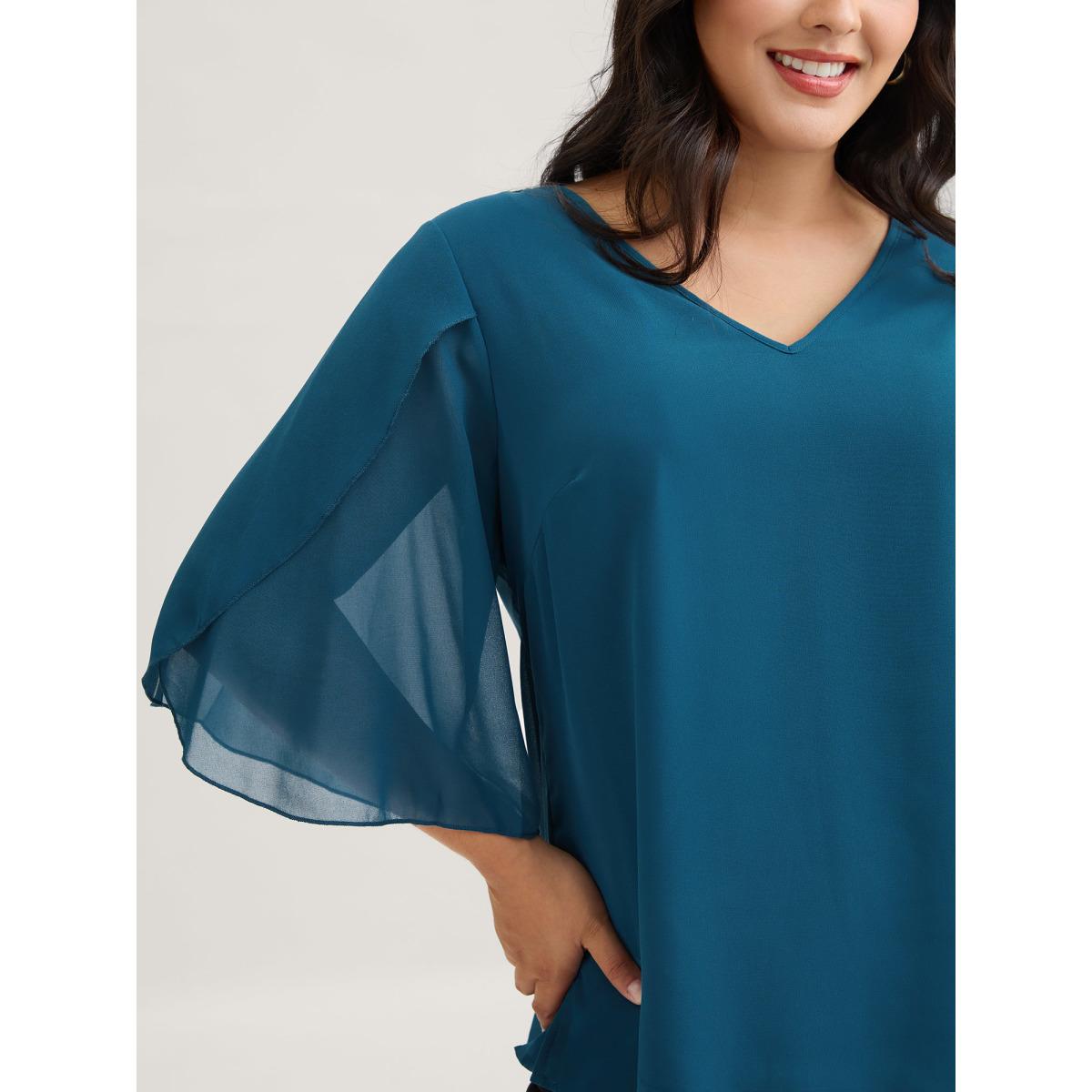Plus Size Aegean Chiffon Gathered Petal Sleeve Blouse Women Timeless Elbow-length sleeve V-neck Elegant Blouses BloomChic 10/M Product Image