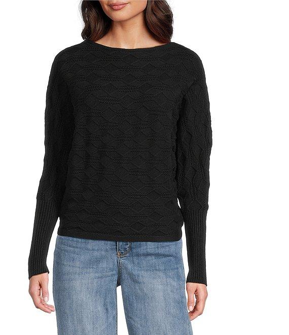 Greige Texture Crew Neck Dolman Cuffed Sleeve Sweater Top Product Image