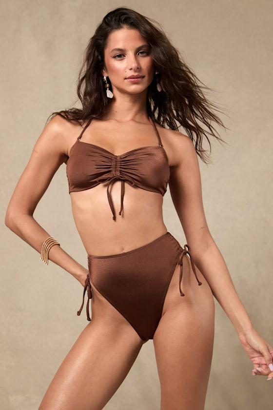 Keola Shiny Brown High-Waisted Bikini Bottoms Product Image