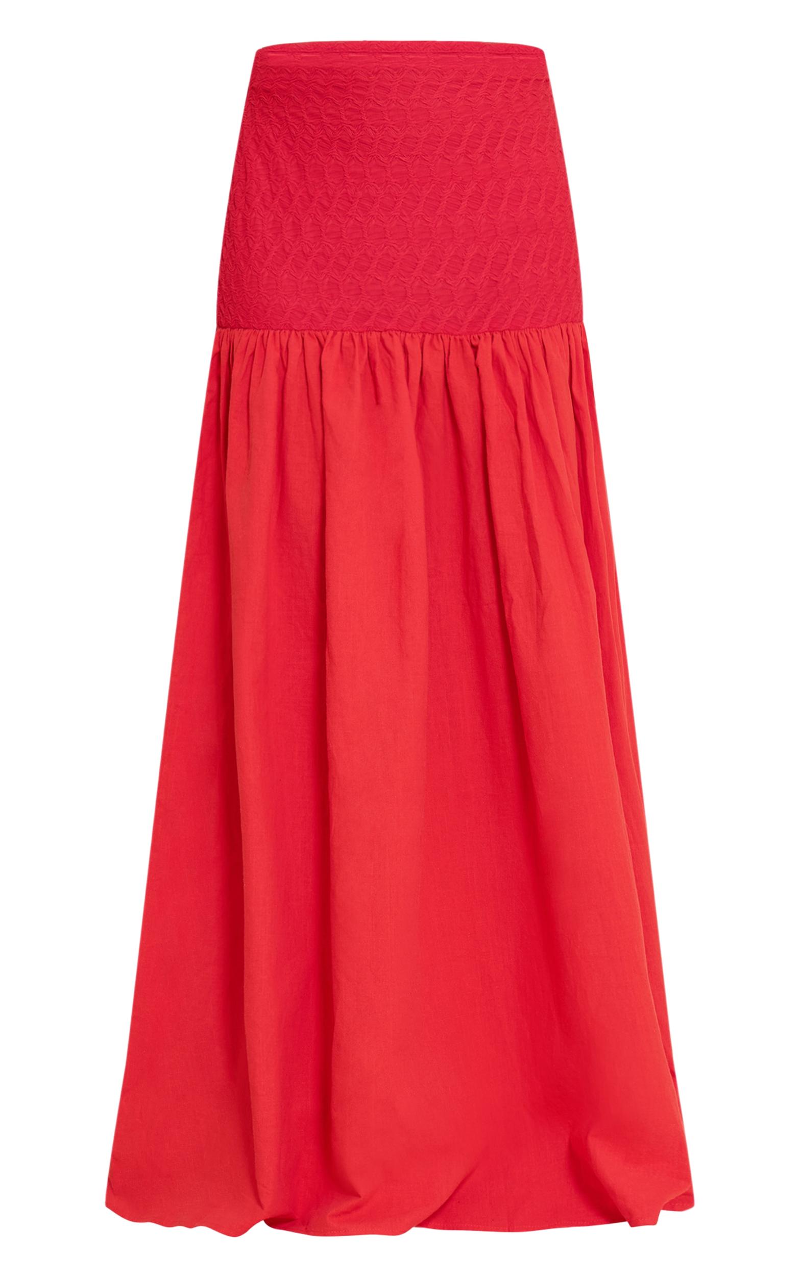 Red Textured Drop Waist Lightweight Woven Maxi Skirt Product Image