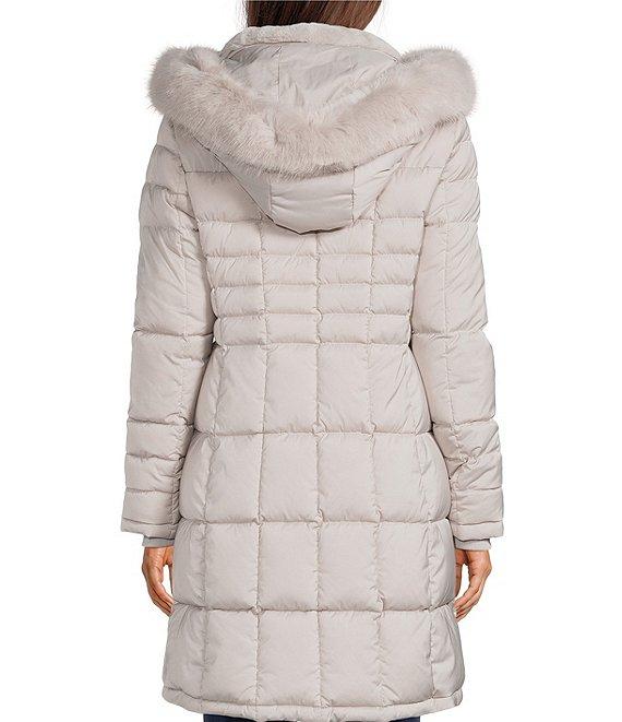 Donna Karan Faux Fur Trim Hooded Neck Zip Front Walker Puffer Coat Product Image
