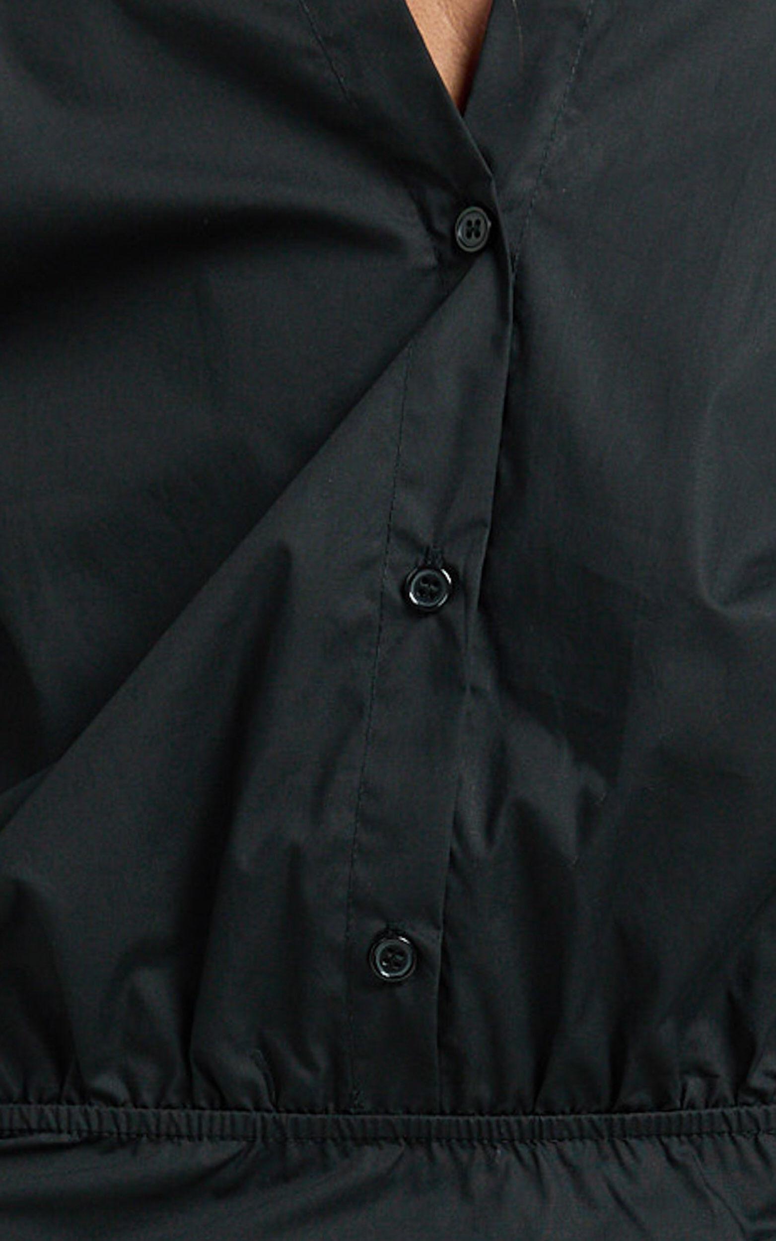 Avalon Mini Dress - Button Up Ruched Shirt Dress in Black Product Image