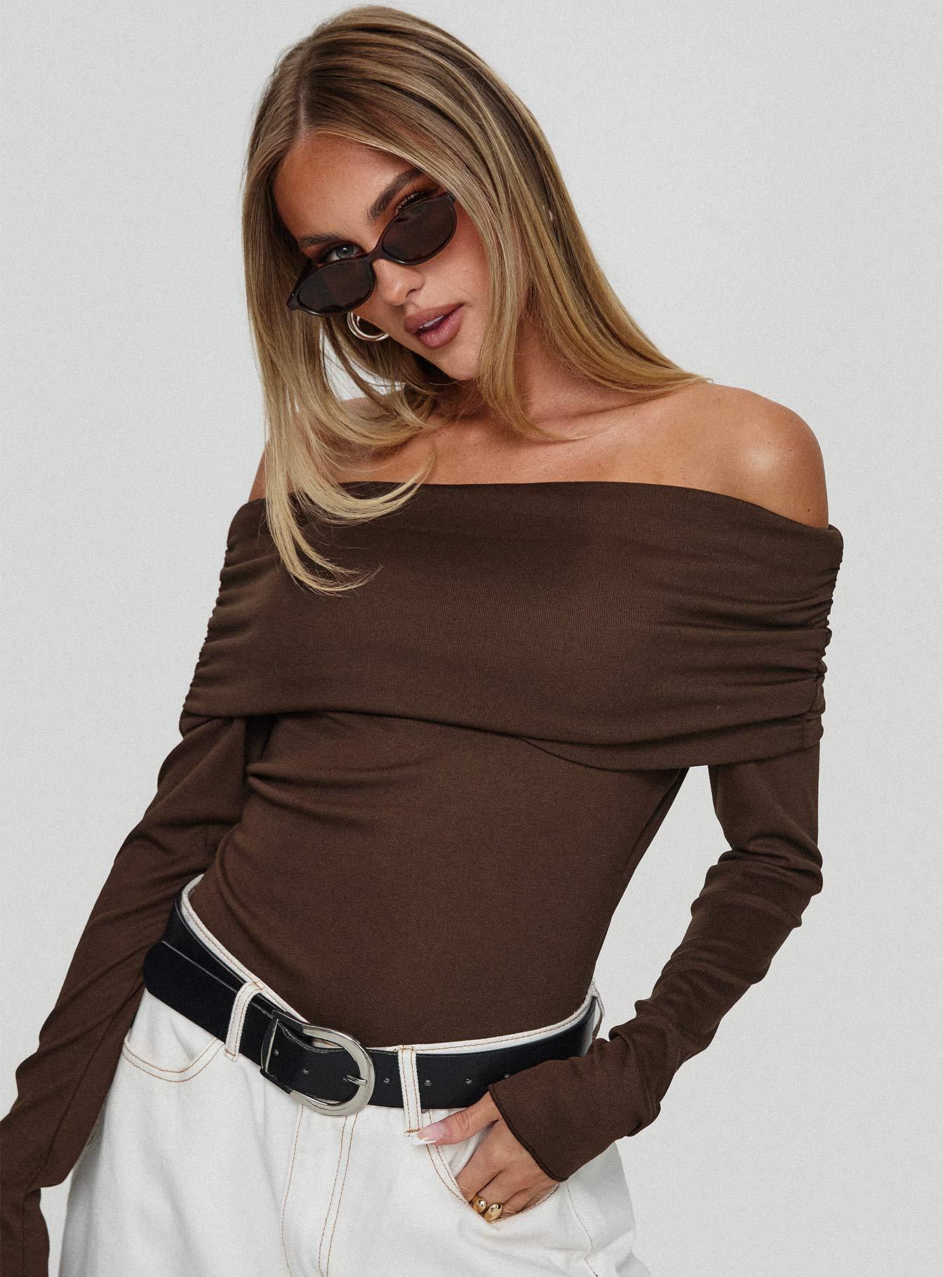 Spoilt Off The Shoulder Bodysuit Brown Product Image