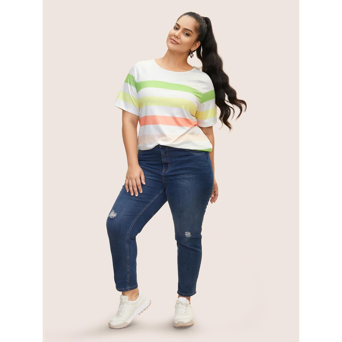 Plus Size Colored Striped Crew Neck Raglan Sleeve T-shirt Multicolor Women Casual Contrast Round Neck Everyday T-shirts BloomChic 12/L Product Image