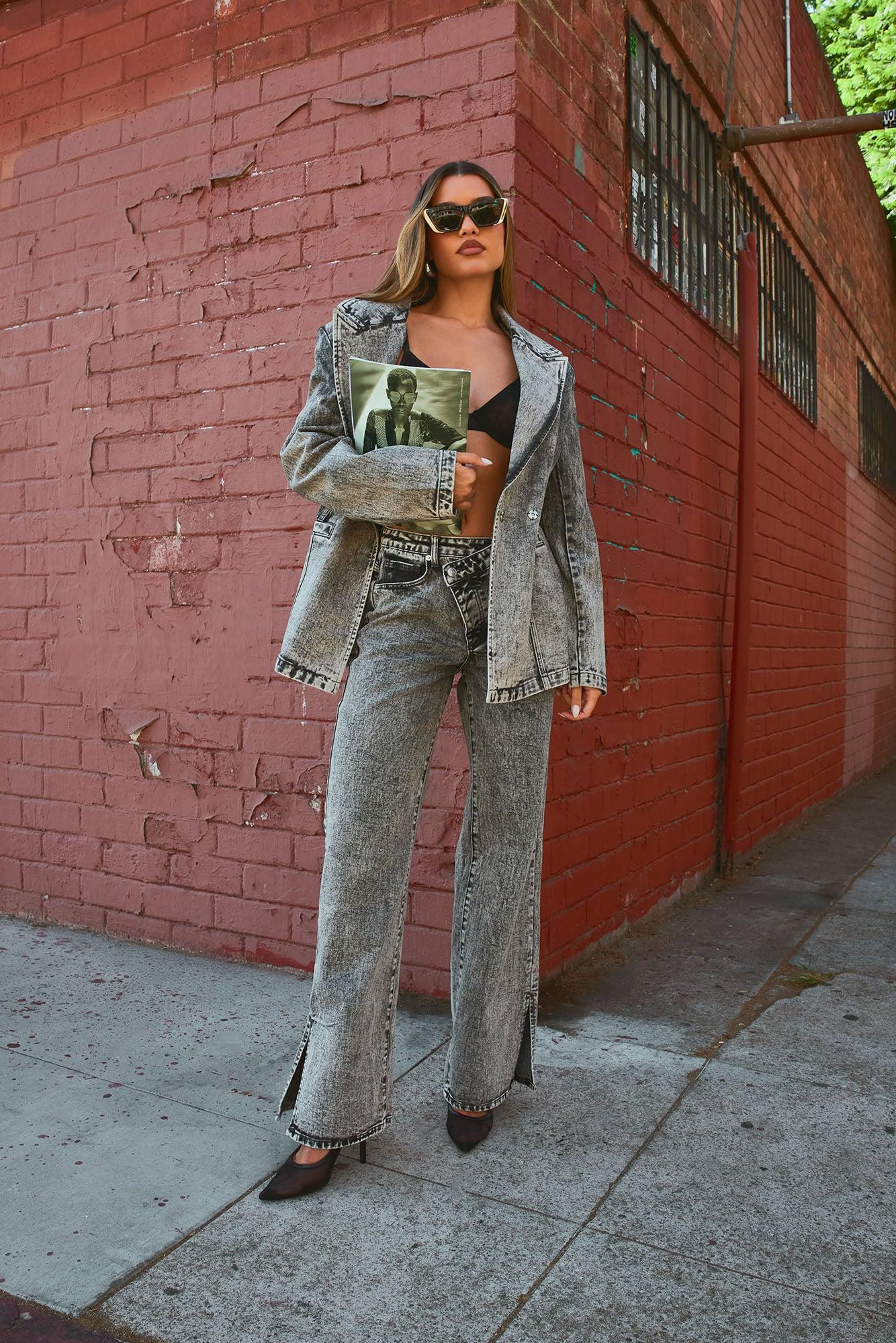 Know What I Want Coated Denim Blazer - Acid Wash Grey Product Image