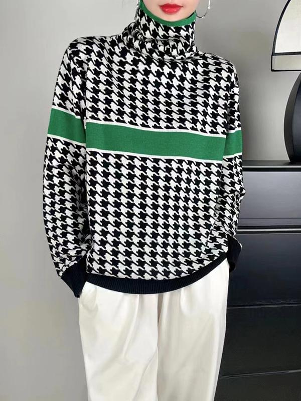 Long Sleeves Loose Contrast Color Houndstooth Split-Joint High Neck Pullovers Sweater Tops Product Image