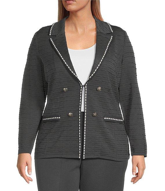 Ming Wang Plus Size Textured Knit Contrast Trim Notch Lapel Long Sleeve Jacket Product Image