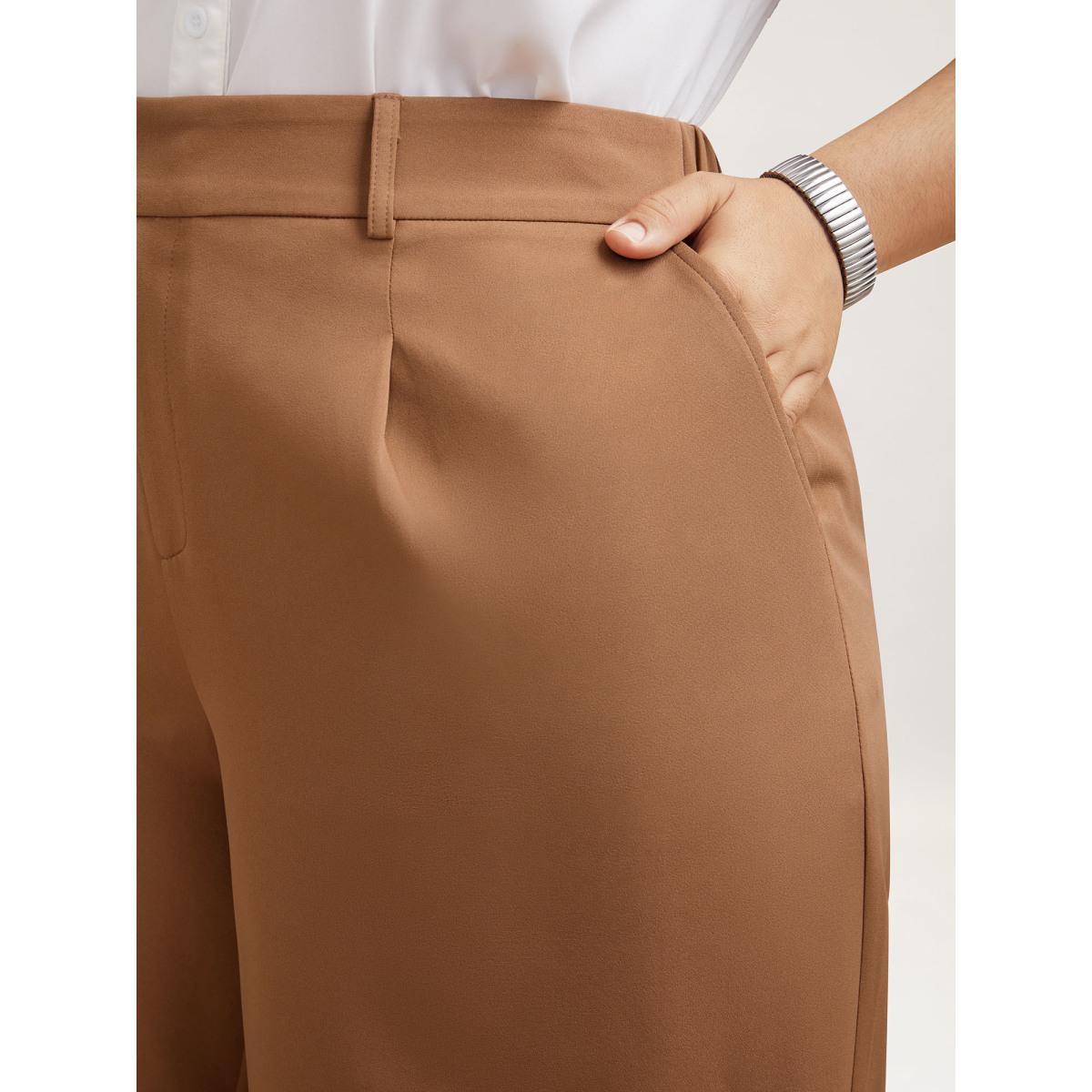 Plus Size Stretchy Waist Pleated Wide-Leg Pants Women Wheat At the Office Wide Leg Mid Rise Work Pants BloomChic 10/M Product Image