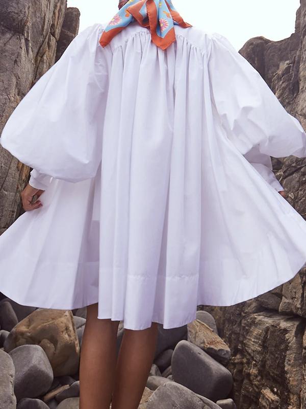 Long Sleeves Loose Buttoned Solid Color Stand Collar Mini Dresses Shirt Dress Product Image